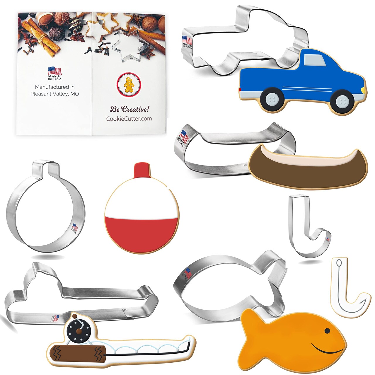 CookieCutter.Com Fishing Cookie Cutter 6 Pc Set – 6 in Fishing Pole, 3.25 in Fish, 1.75 in Fishing Hook, 4 in Canoe, 3 in Fishing Bobber and 4 in Pickup Truck